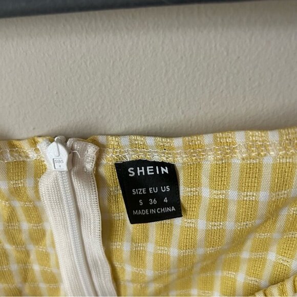 NWOT SHEIN Yellow Puff Sleeve Short Sleeve Gingham Mini Sundress Women’s Small - Picture 4 of 7